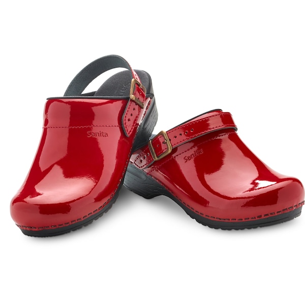 Women's Open Back Clog, Patent Leather Upper, Polyurethane Outsole, Red, Size 4.5-5 M